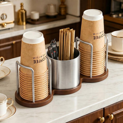 GOYLSER Coffee Station Organizer with Straw & Stirrer Storage Caddy for Cups Lids, Disposable Paper Cup Holder Cup Organizer for Coffee Bar, Office, Home Kitchen, Gold