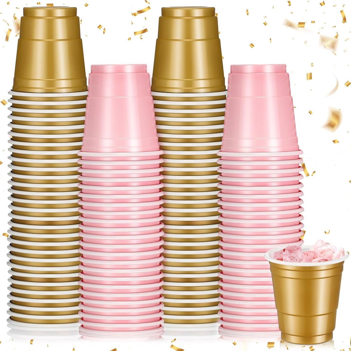 Roshtia 100 Pack 2 oz Plastic Shot Cups, Mini Disposable Shot Glasses 2 oz Wedding Party Cups for Bridal Shower Wedding Party, Beer Taste Serving, Snacks(Black, Gold)