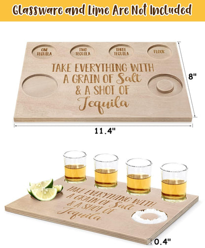 Tequila Gifts for Women and Men - Shot Board and Glass Holder Wooden Bar Tray with Salt Rim - for Liquor, Parties, Weddings, Housewarmings