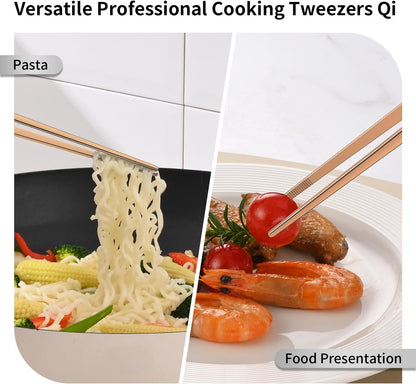 DEHOV 12 Inch Gold Stainless Steel Kitchen Tweezers For Cooking Tongs Set of 2, Metal Long Food Tweezers, BBQ Grill Tongs For Pasta