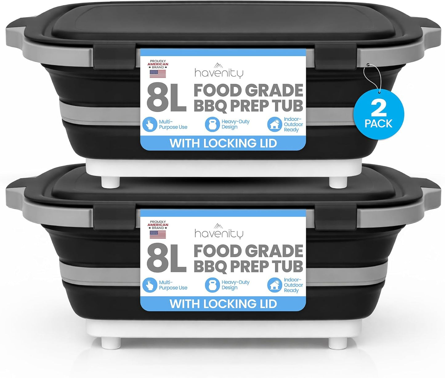 BBQ Prep Tub 2 Pack (8L+8L) - Multifunctional Collapsible Camping Cutting Board with Upgraded Locking Lid, Meal Prep Meat Storage Container Perfect for Grilling, Outdoor Cooking (Large x 2)