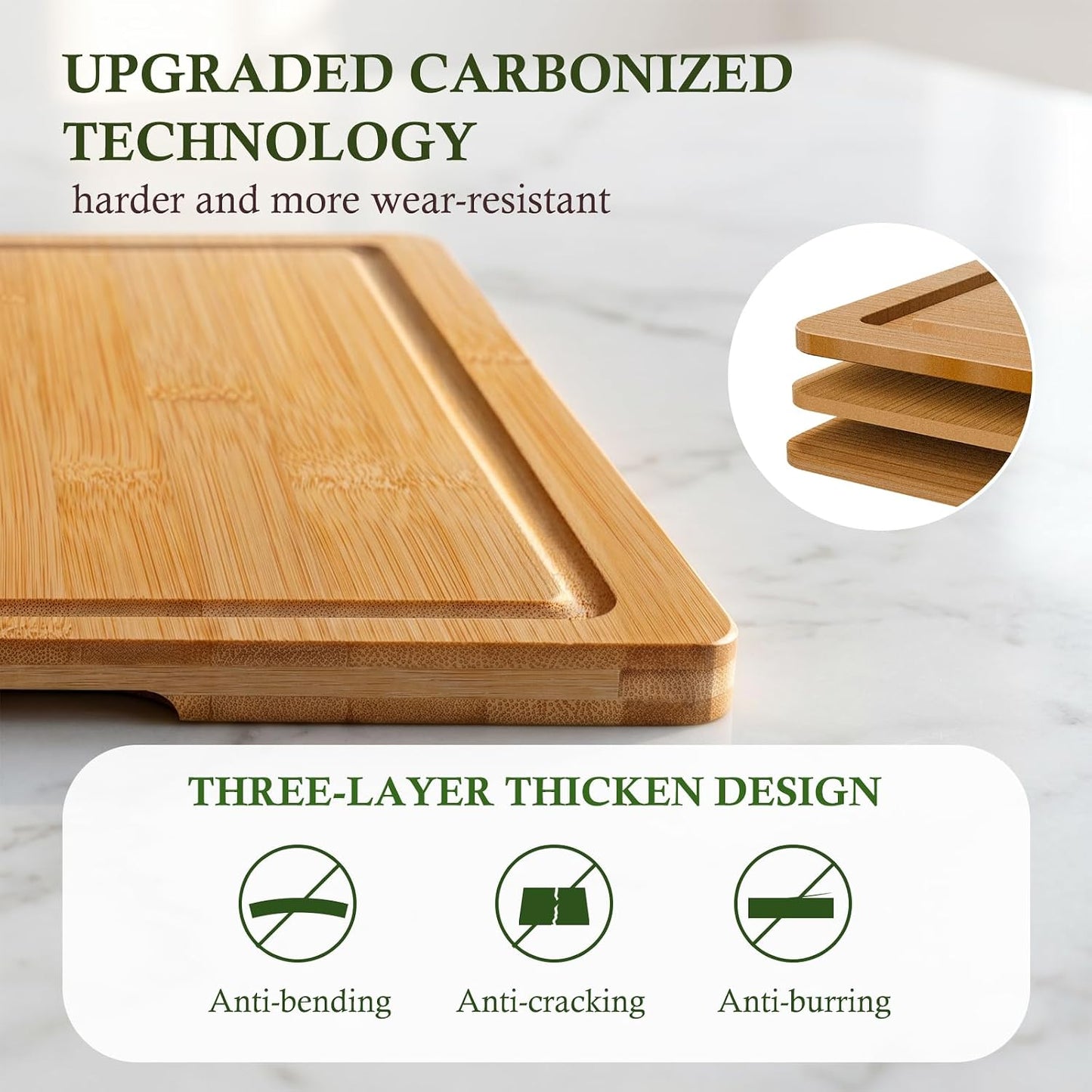 Empune Bamboo Cutting Boards for Kitchen, 3 Piece Extra Thick Cutting Board Set with Juice Groove, Deep Carbonized Bamboo Chopping Board, Reversible Wood Cutting Board for charcuterie boards, Brown