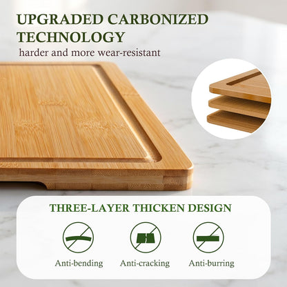 Empune Bamboo Cutting Boards for Kitchen, 3 Piece Extra Thick Cutting Board Set with Juice Groove, Deep Carbonized Bamboo Chopping Board, Reversible Wood Cutting Board for charcuterie boards, Brown