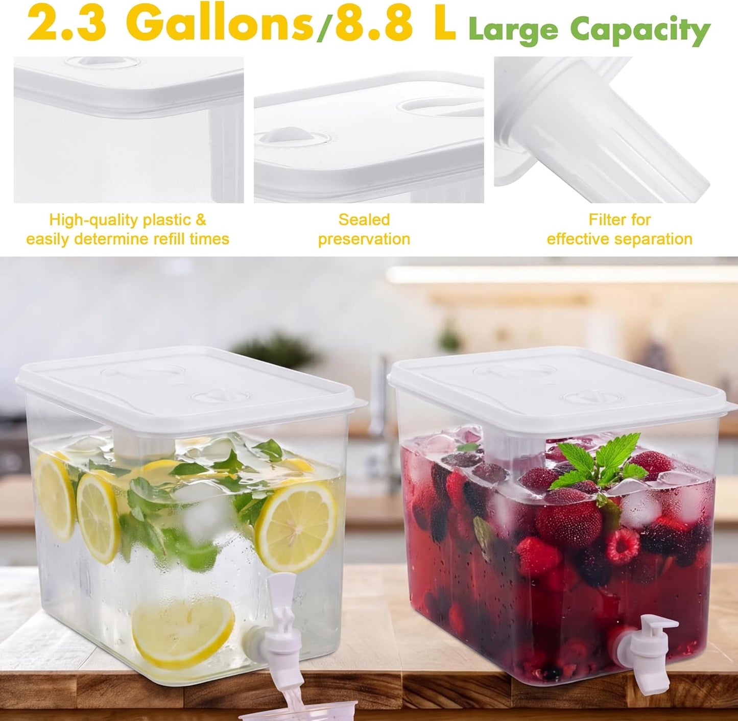 Kochorie 2 Pack 2.3 Gallon Lemonade Dispenser, Plastic Drink Dispenser with Spigot 50 Disposable 12 OZ Lemon Plastic Cups with Lid Straw for Lemonade Stand Supplies Fruit Party Drinks Tea Juice