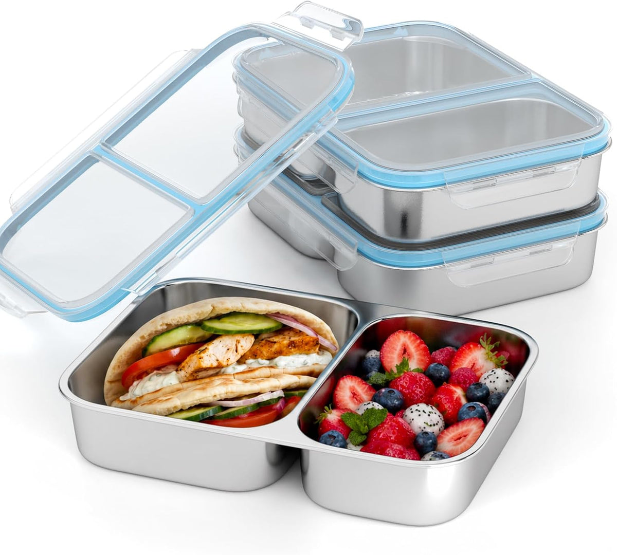 3 Pack Stainless Steel Snack Container, 3- Compartment Lunch Container with Lid, Reusable Food Storage Box for Snacks & Meal Prep (650ml / 22oz)