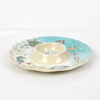 UP Sea Life Melamine Chip and Dip Serving Tray, Round Serving Platter for Chips, Salsa, Fruit, and Snacks, Multicolor, 13.5 Inch