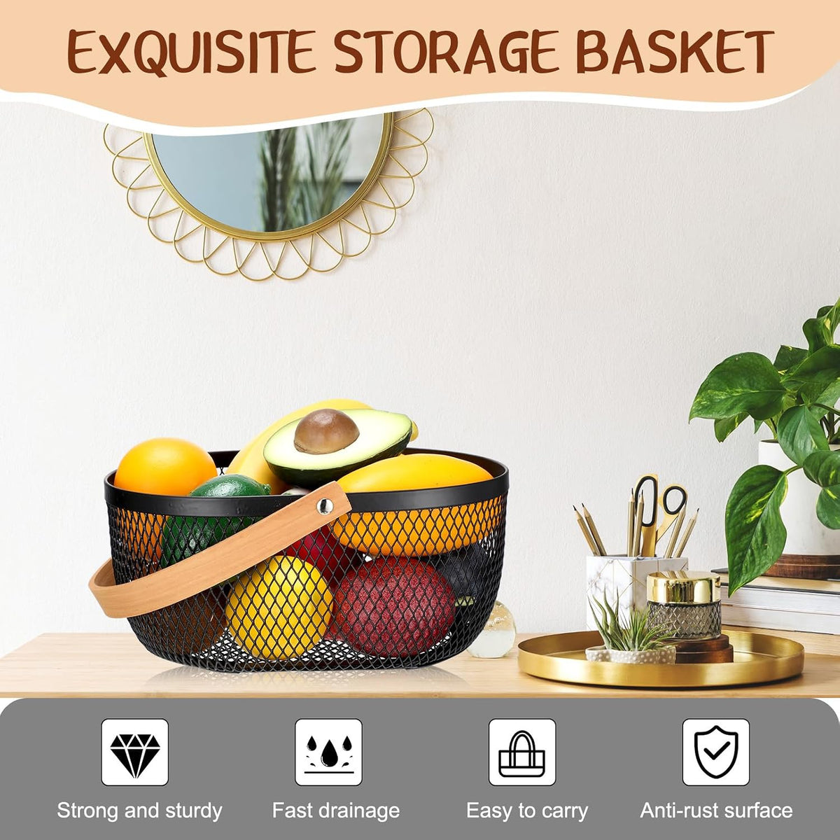 Maxcheck 4 Pcs Oval Metal Wire Storage Basket with Handle for Gathering Vegetables Multi Functional Mesh Basket for Kitchen Bathroom Picnic Home, 10.24 x 7.68 Inch(White)