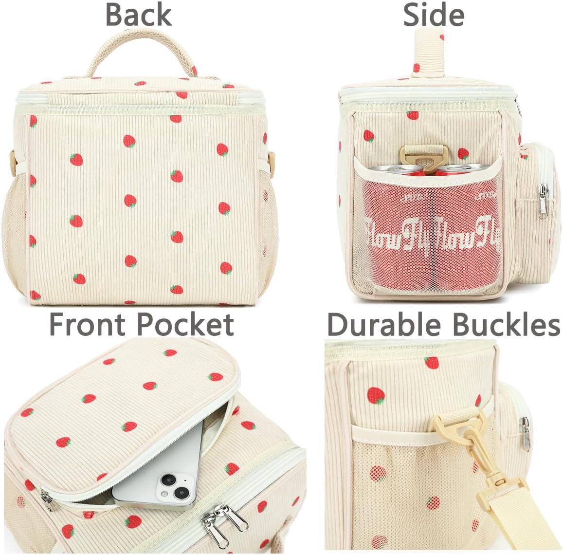 FlowFly Insulated Reusable Lunch Bag Adult Large Lunch Box for Women and Men with Adjustable Shoulder Strap,Front Zipper Pocket and Dual Large Mesh Side Pockets,Cherry - Colors A