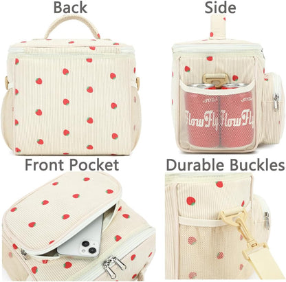 FlowFly Insulated Reusable Lunch Bag Adult Large Lunch Box for Women and Men with Adjustable Shoulder Strap,Front Zipper Pocket and Dual Large Mesh Side Pockets,Cherry - Colors A