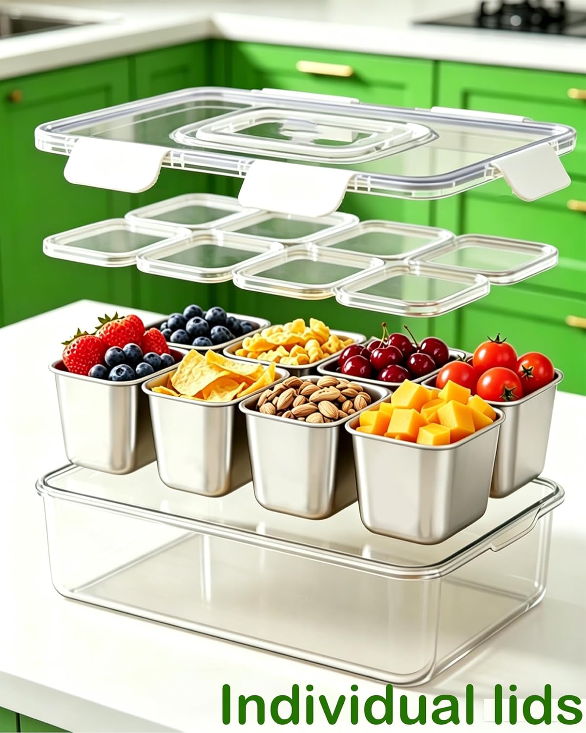 Snackle Box Container, Stainless Steel Divided Serving Tray with Lid and Handle, Large Snack Tray for Fruit Veggie Candy, 8-Compartment Snack Platter for Travel Party Beach Picnic