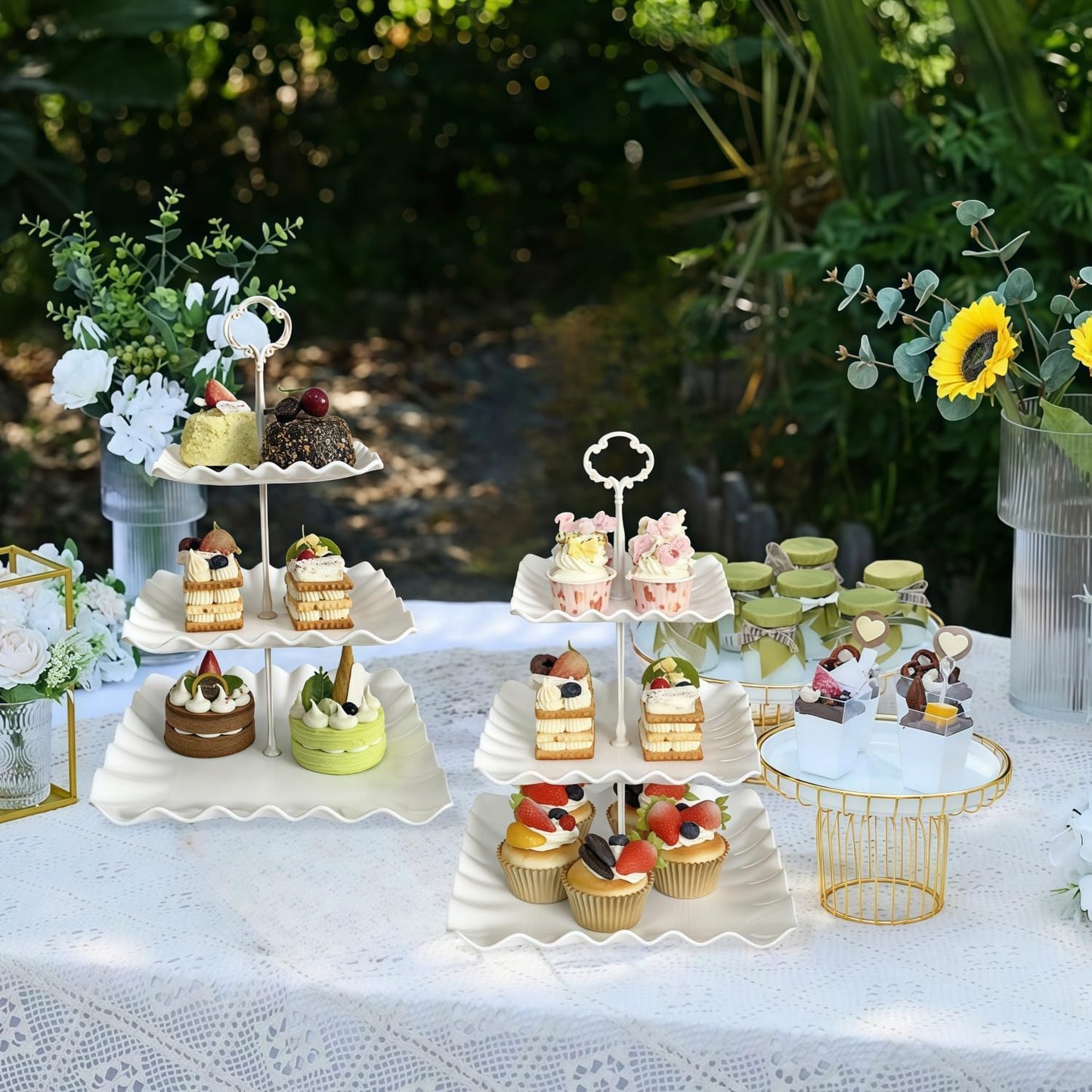 2 Pack of Plastic Square Dessert Cupcake Stand, 3 Tier Cup Cake Holder Tower for Tea Party/Birthday/Wedding, Plastic Tiered Serving Tray (Pink)
