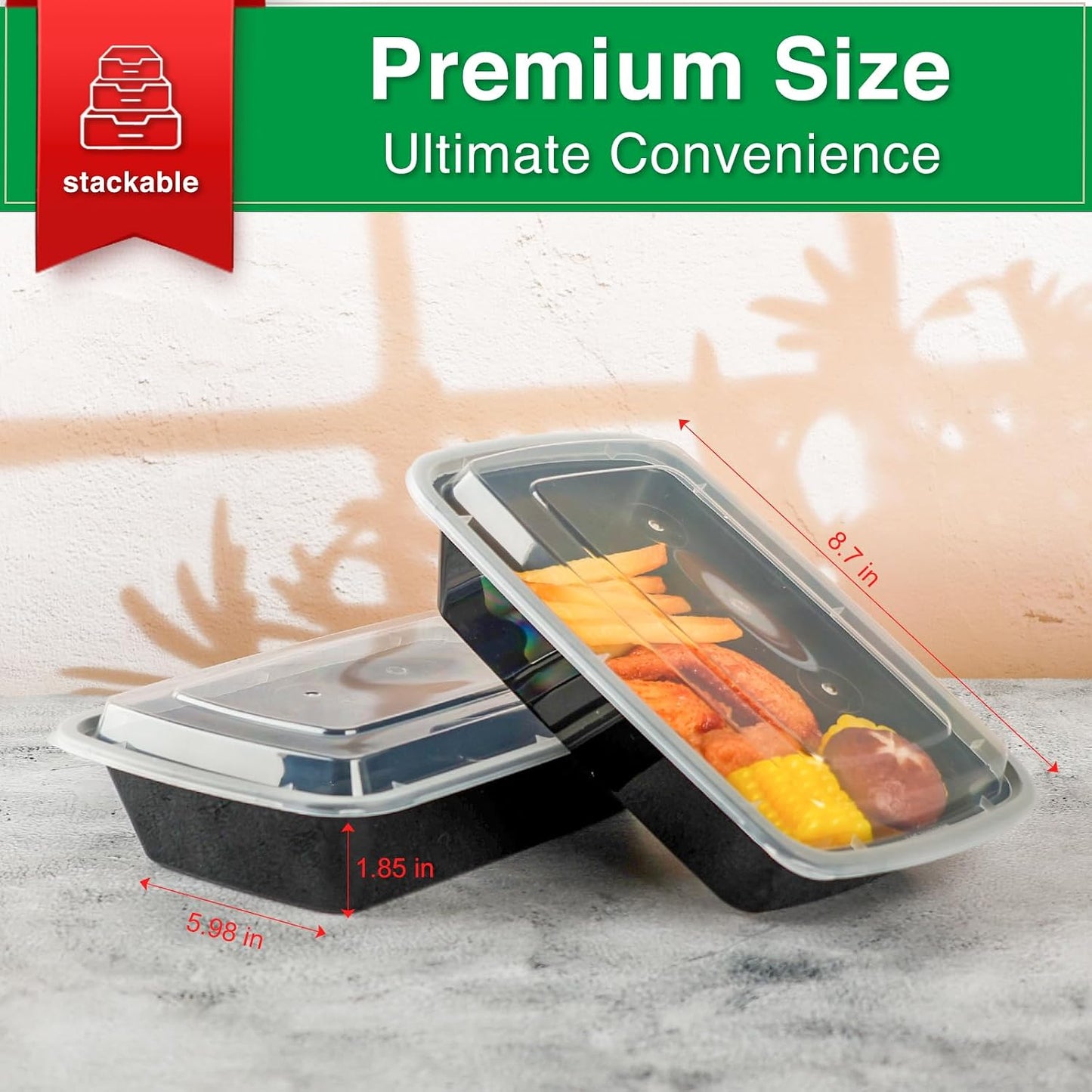 Meal Prep Containers 2 Compartment 15 Pack, 28 oz Divided Reusable Food Storage Containers with Lids Takeout Food Storage Containers Black, Microwave Dishwasher Freezer Safe, Stackable, BPA Free