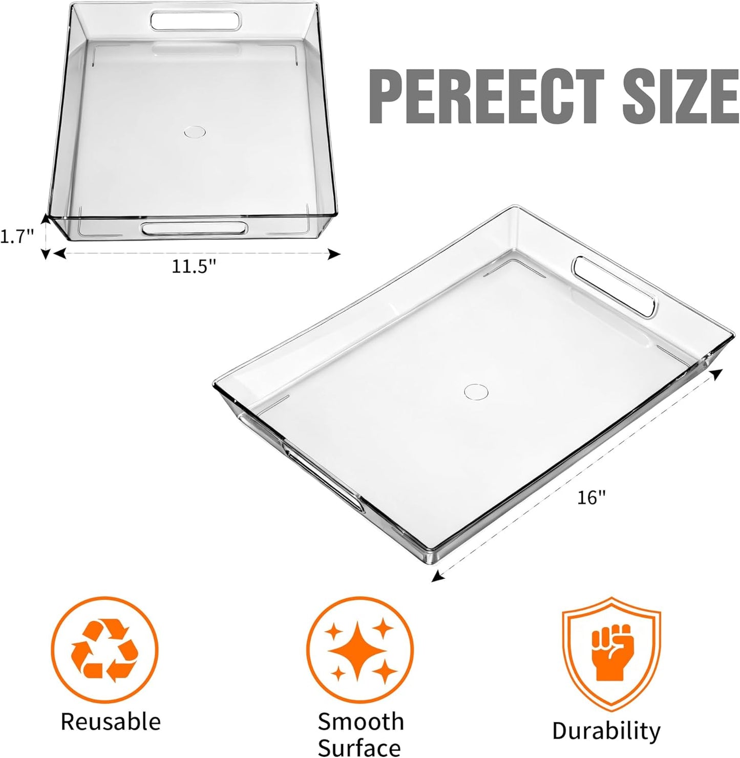 Clear Plastic Serving Tray with Handles, BPA-Free Storage Organizer Tray - Large Serving Trays 16"x11.5" Reusable Serving Platters for Appetizer, Fruit, Kitchen, Desk & Serving Tray for Party Supplies