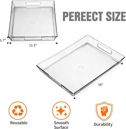 Clear Plastic Serving Tray with Handles, BPA-Free Storage Organizer Tray - Large Serving Trays 16"x11.5" Reusable Serving Platters for Appetizer, Fruit, Kitchen, Desk & Serving Tray for Party Supplies