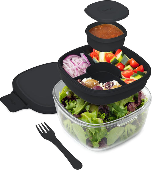 Bentgo Glass Salad Container - 7.6-Cup Salad Bowl with Airtight Lid, Leak-Proof Sauce Container, 4-Compartment Bento Tray & Reusable Fork - BPA-Free for Meal Prep, Office & More (Light Blue)