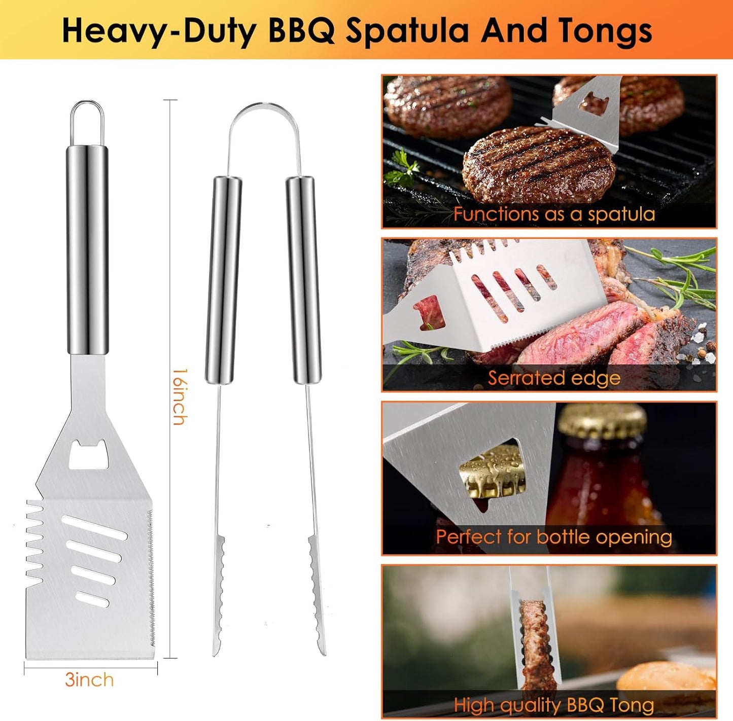 Yoehka BBQ Grilling Accessories Set, 34Pcs Heavy Duty Grill Tools for Outdoor Camping, Grilling Gifts for Men Dad, Stainless Steel Barbecue Utensils Kit with Mats and Glove in Carrying Bag, Brown