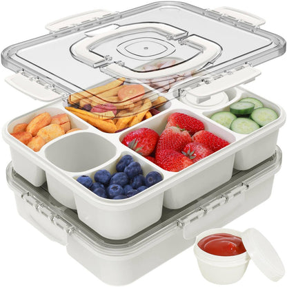 Caperci Snackle Box Container with 2 Sauce Cups - Large 8-Compartment Divided Serving Tray with Lid & Handle, Portable Snack Tray for Travel, Hold 10 Cups, Leak-Proof, Dishwasher Safe, BPA-Free