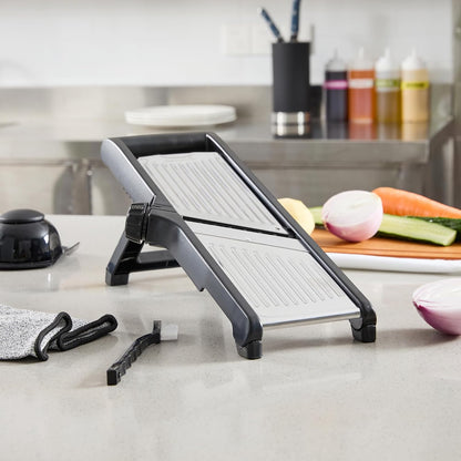 Restaurantware Stainless Steel Adjustable Mandoline Slicer - German Standard Vegetable Slicer with Blade Guard, Includes Cut-Resistant Gloves - Food Slicer for Potato, Onions, Cucumbers, Tomato