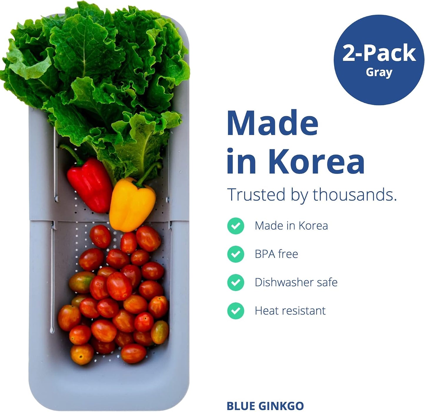 BLUE GINKGO Over the Sink Colander Strainer Basket - Wash Vegetables and Fruits, Drain Cooked Pasta and Dry Dishes - Extendable - New Home Kitchen Essentials (Grey, 1 Pack)