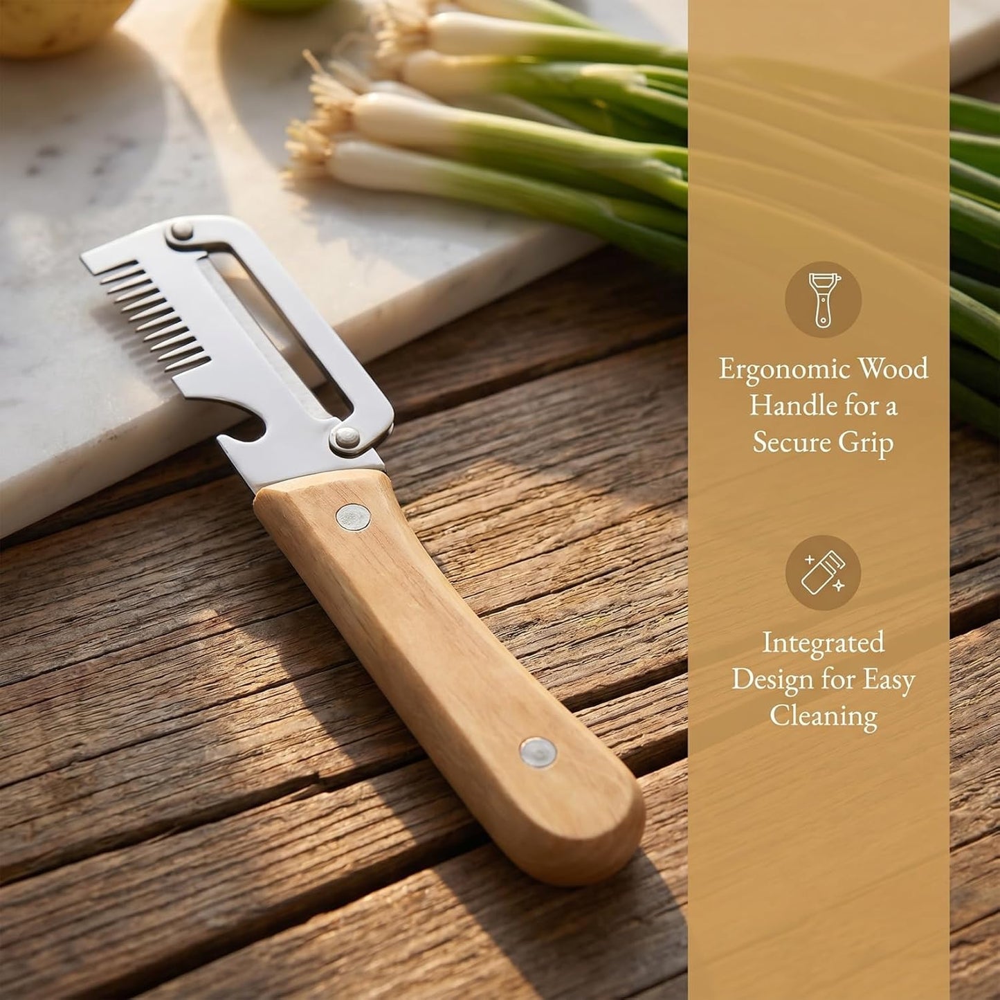 2pcs Multifunctional Vegetable Peeler Shredder, 3-in-1 Stainless Steel Julienne Peeler Tool with Bottle Opener and Non-slip Wooden Handle, Fruit Peeling Knife for Kitchen