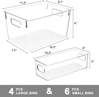 Tiawudi Set of 10 Clear Plastic Storage Bins, 4 Large and 6 Small Stackable Storage Containers for Pantry Organization, Organizer Bins for Home, Kitchen, Bathroom, Office, Cabinet Shelf Organizers