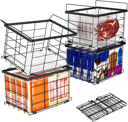 Freezer Organizer Bins, Upgrade Quick Expand/Collapse Feature, for 3.5 Cu.Ft Deep Freezer, 3 Pack Stackable Deep Freezer Organizer Bins, Black Wire Foldable Baskets with Handles (Black 3 Pack)