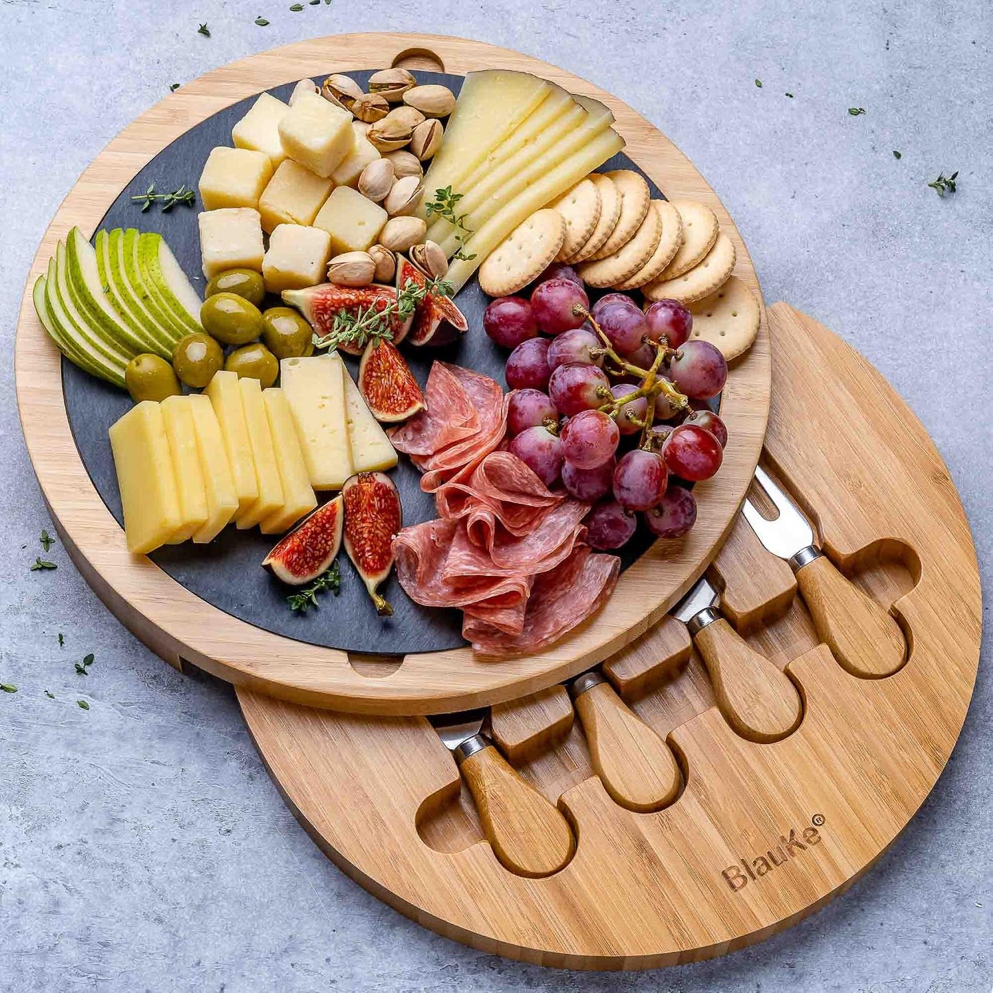 Bamboo Cheese Board and Knife Set – 14 inch Round Charcuterie Board, Serving Tray, Platter, Wood Cheeseboard Set with Slide-Out Drawer – BlauKe®