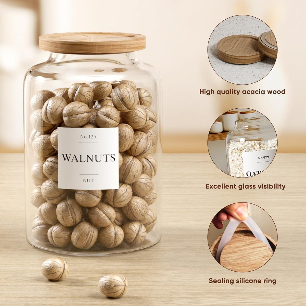 2 PCS Flour Sugar Storage Containers Glass Jar, 4000ml/1 Gallon/4.2 Qt/135oz,Large Glass Food Storage Jars with Wood Airtight Lids,for Tea,Spice,Cereal Rice Flour Pasta Sugar