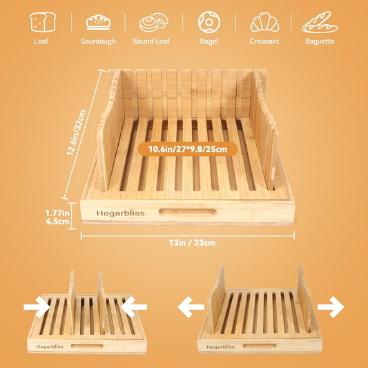 Bamboo Bread Slicer with Crumb Tray, 10.5″ Adjustable Bread Cutter & Bread Slicer Guide for Homemade Bread, Sourdough, Baguette & Sandwich