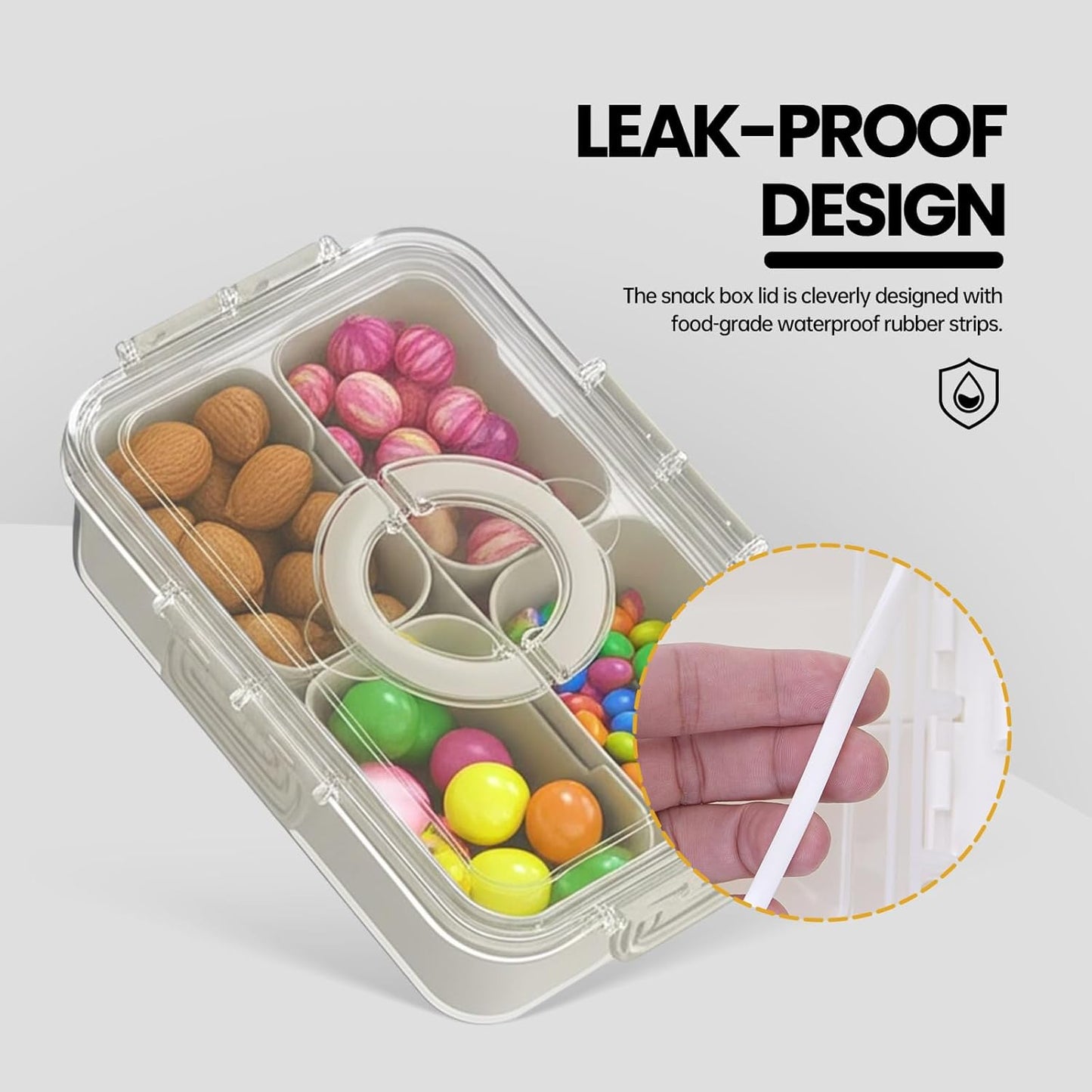 Snackle Box Container, Upgrade Dishwasher,Safe Snack Box for Adult Kids, 4 compartments Plastic Divided Serving Tray with Lid and Handle for Candy, Fruits, Snacks, Nuts,Small,White,1 Pack