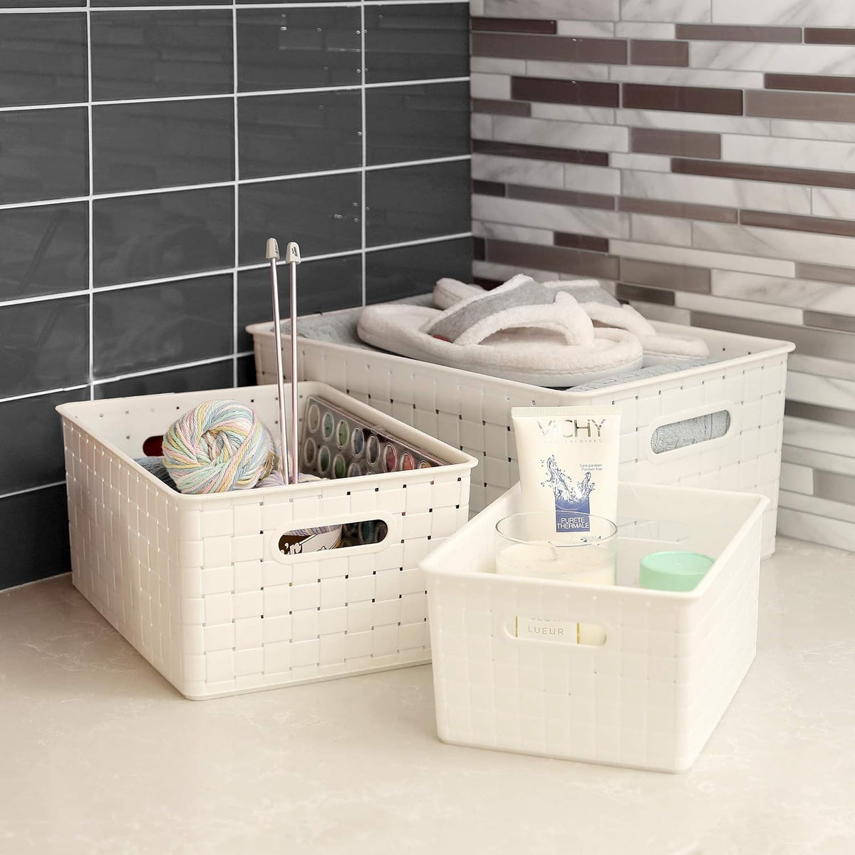 BINO | Plastic Storage Baskets Large - Black | THE STABLE COLLECTION | Multi-Use Storage | Rectangular Cabinet Organizer | Baskets For Organizing with Handles | Home Office Organization and Storage