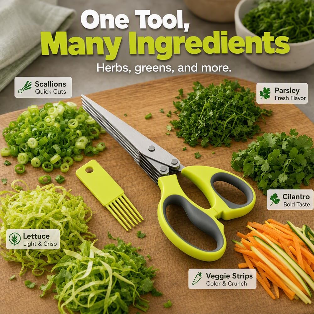 Herb Scissors, 5 Blade Kitchen Scissors with Cleaning Comb