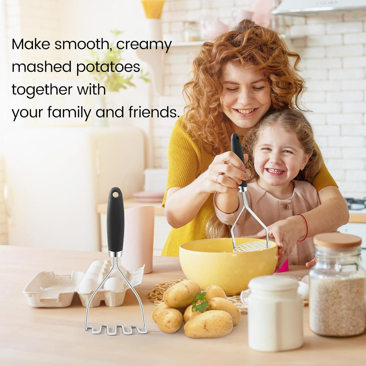 2Pcs Potato Masher Set with Silicone Handle, Premium Stainless Steel Potato Masher, Integrated & Wire Masher for Potatoes, Avocado, Vegetables and Baby Food