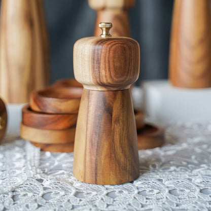 Pepper Grinder, Pepper Mill with Adjustable Stainless Steel, Acacia Wood, 14 cm/5 inch Height, Bottom Dia: 6 cm/2.36 inch (Tray is NOT Included)