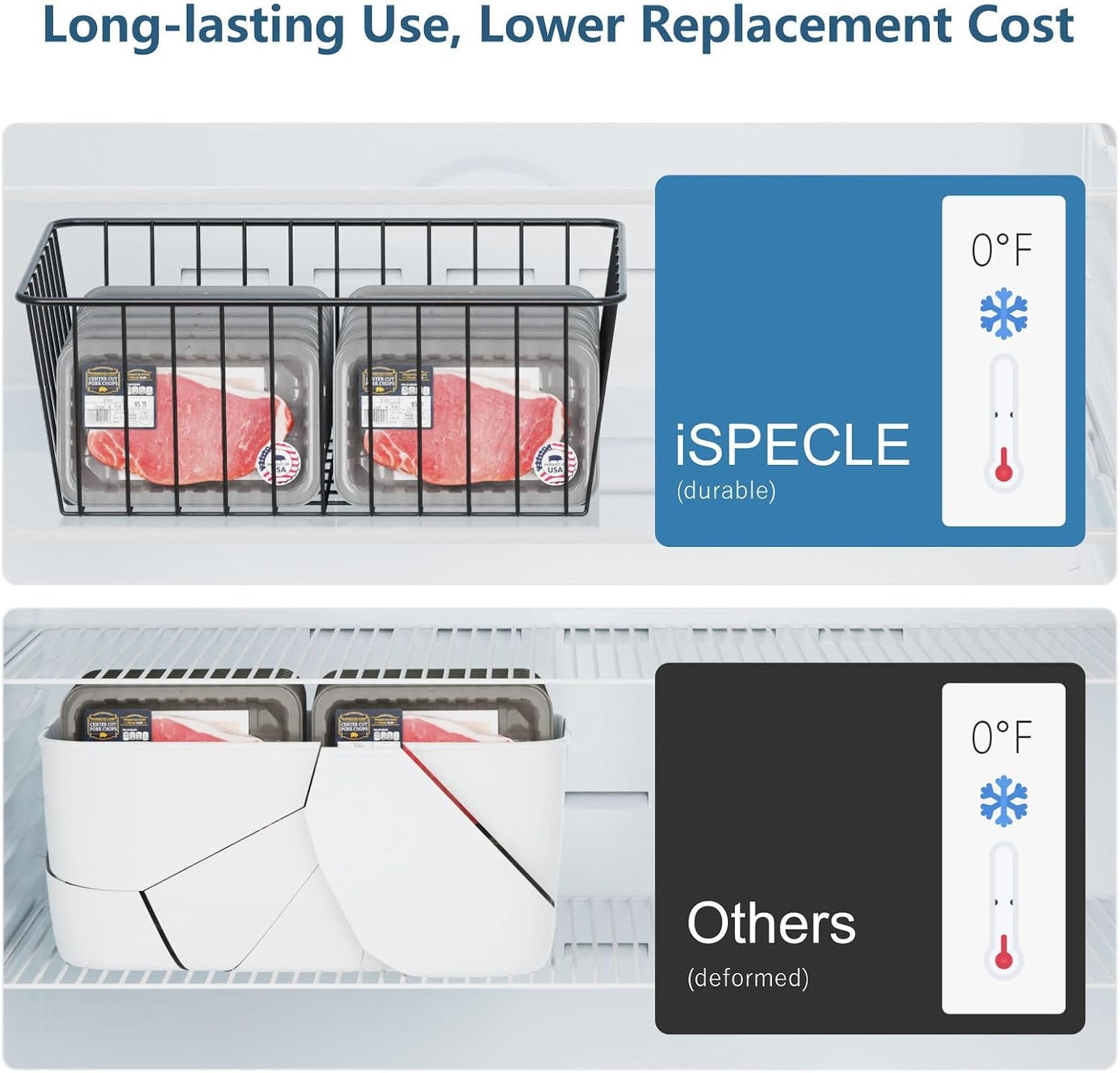 iSPECLE Freezer Organizer Bins - 4 Pack Upright Freezer Baskets for 17/21 Cu.Ft Stand Up Freezer, Wire Storage for Reach-In Freezer, Slide-Out Access, Prevents Items Falling, 2 Large 2 Medium, White