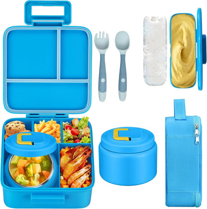 MAISON HUIS Bento Lunch Box with 8oz Soup Thermo and Insulated Lunch Bag, Kids Leakproof Lunch Food Containers with 5 Compartment, Boys Girls Thermo Hot Food Jar for Travel, School, BPA Free (Black)