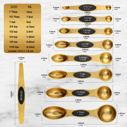 Magnetic Measuring Spoons Set Stainless Steel with Leveler, Dual-Sided Metal Measuring Spoons for Baking & Cooking, Fits in Spice Jars, Must-have Kitchen Gadgets, 8 Measuring Spoons & 1 Leveler, Black