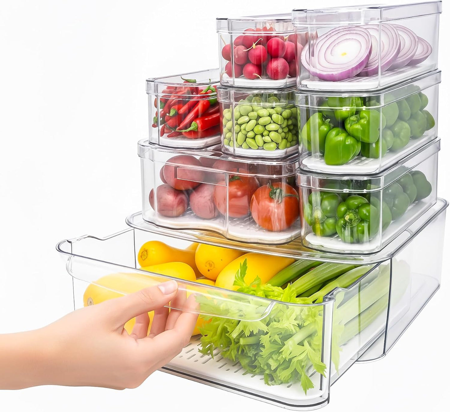 SMRCAD 8 Pack Refrigerator Organizers, Clear Pull-out Drawer Container and Organizer Bins with Lids, Stackable Storage Containers for Fruits, Vegetable (Set of 8 (Include Pull Out Drawer))