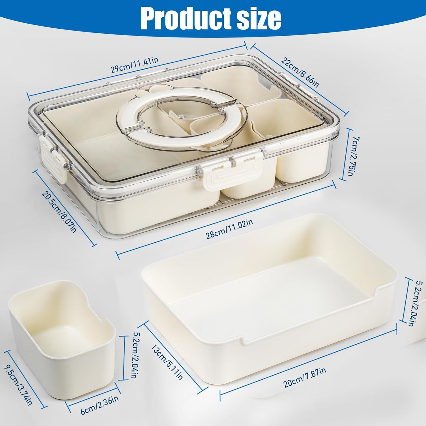 Bandesun Divided Serving Tray with Lid and Handle - Snackle Box Charcuterie Container for Portable Snack Platters - Clear Organizer for Candy, Fruits, Snacks，Nuts - Perfect (Pack of 2)