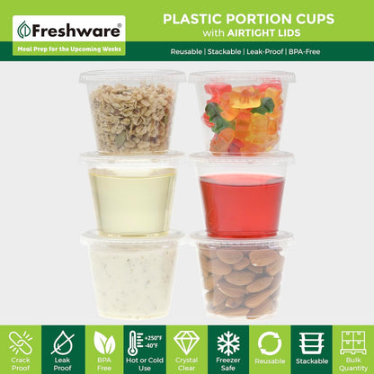 Freshware Plastic Portion Cups with Lids [2 Ounce, 200 Sets] Disposable Plastic Cups for Meal Prep, Salad Dressing, Jellos Shot Cups, Souffle Cups, Condiment and Dipping Sauce Cups