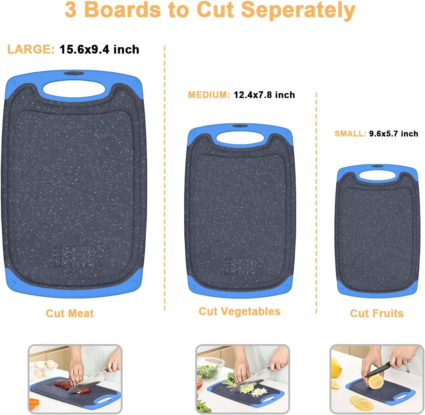Viretang Plastic Cutting Boards Set of 3 Extra Large for Kitchen, Thick Chopping Board with Deep Juice Grooves, Non‑Slip Feet, Easy Grip Handle, BPA Free, Dishwasher Safe,Black