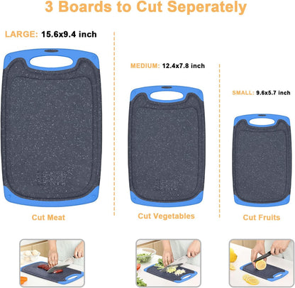 Viretang Plastic Cutting Boards Set of 3 Extra Large for Kitchen, Thick Chopping Board with Deep Juice Grooves, Non‑Slip Feet, Easy Grip Handle, BPA Free, Dishwasher Safe,Black