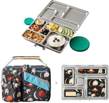 PlanetBox Rover Stainless Steel Bento Box Style Lunch Box Kit for Kids with 5 Compartments – Space Animals Edition includes Insulated Lunch Bag, Leakproof Food Containers and Matching Magnets