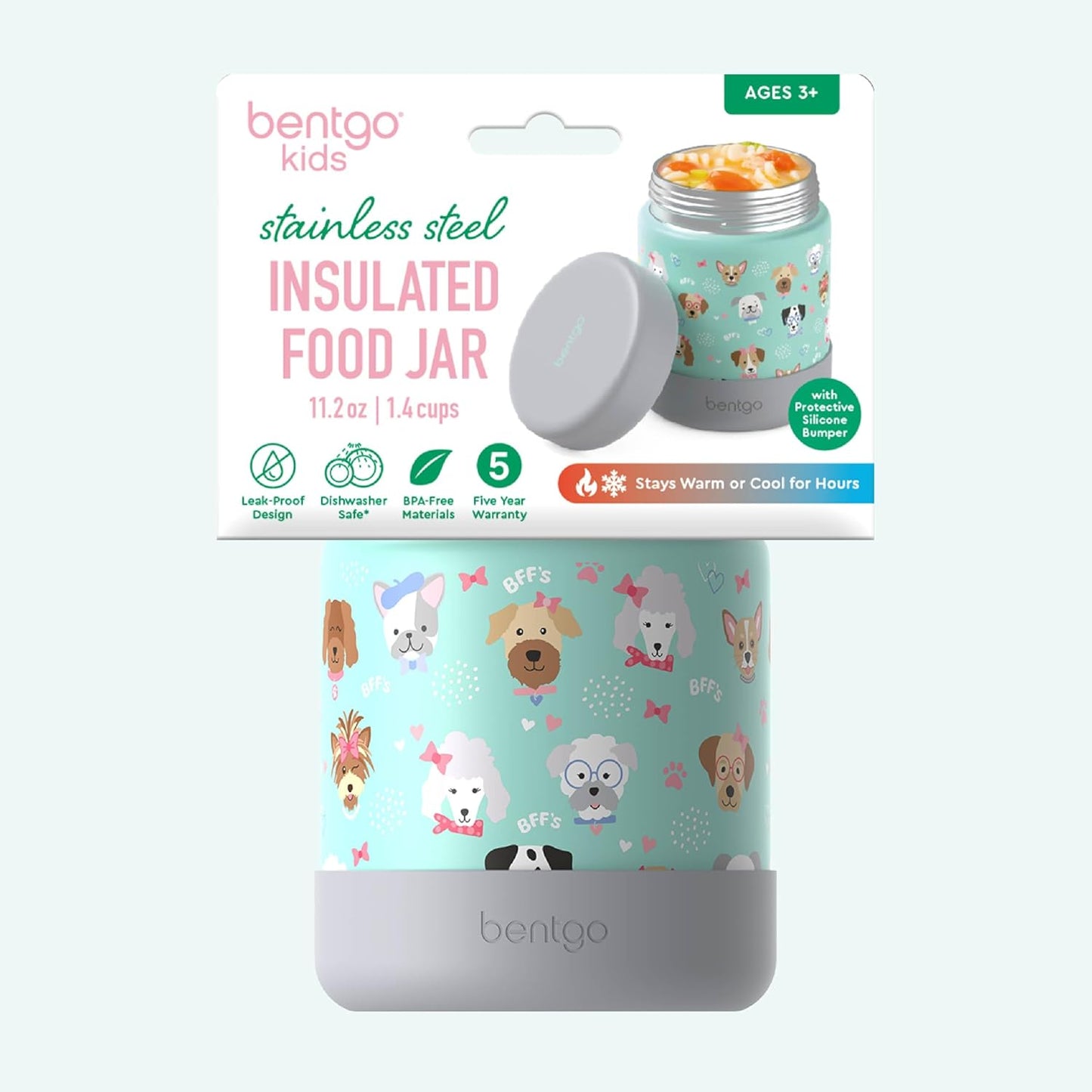 Bentgo Kids Stainless Steel Food Jar - 11oz Leak-Proof Double Insulated Hot or Cold Food Container with Removable Silicone Bumper, Dishwasher Safe, Easy Open Lid, Ages 3+ (Trucks)