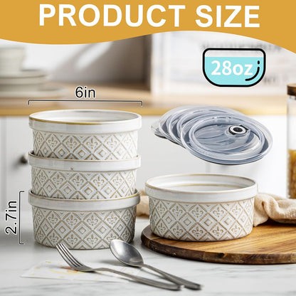 Airtight Food Storage Containers with Lids Mixing Bowls Set, Ceramic Serving Bowls with Lids Set of 4, 12/16/28/40 oz Stackable Nesting Salad Bowls for Cooking, Baking, Ramen - Beige