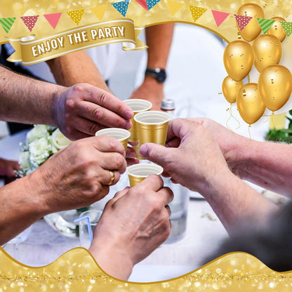 Roshtia 100 Pack 2 oz Plastic Shot Cups, Mini Disposable Shot Glasses 2 oz Wedding Party Cups for Bridal Shower Wedding Party, Beer Taste Serving, Snacks(Black, Gold)