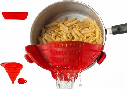 Clip On Strainer Silicone for Pots and Pans, Universal Fit Pasta Strainer and Pot Colander, Space Saving Food Drainer with Collapsible Funnel and Garlic Peeler, 3 Pcs Set, Gray