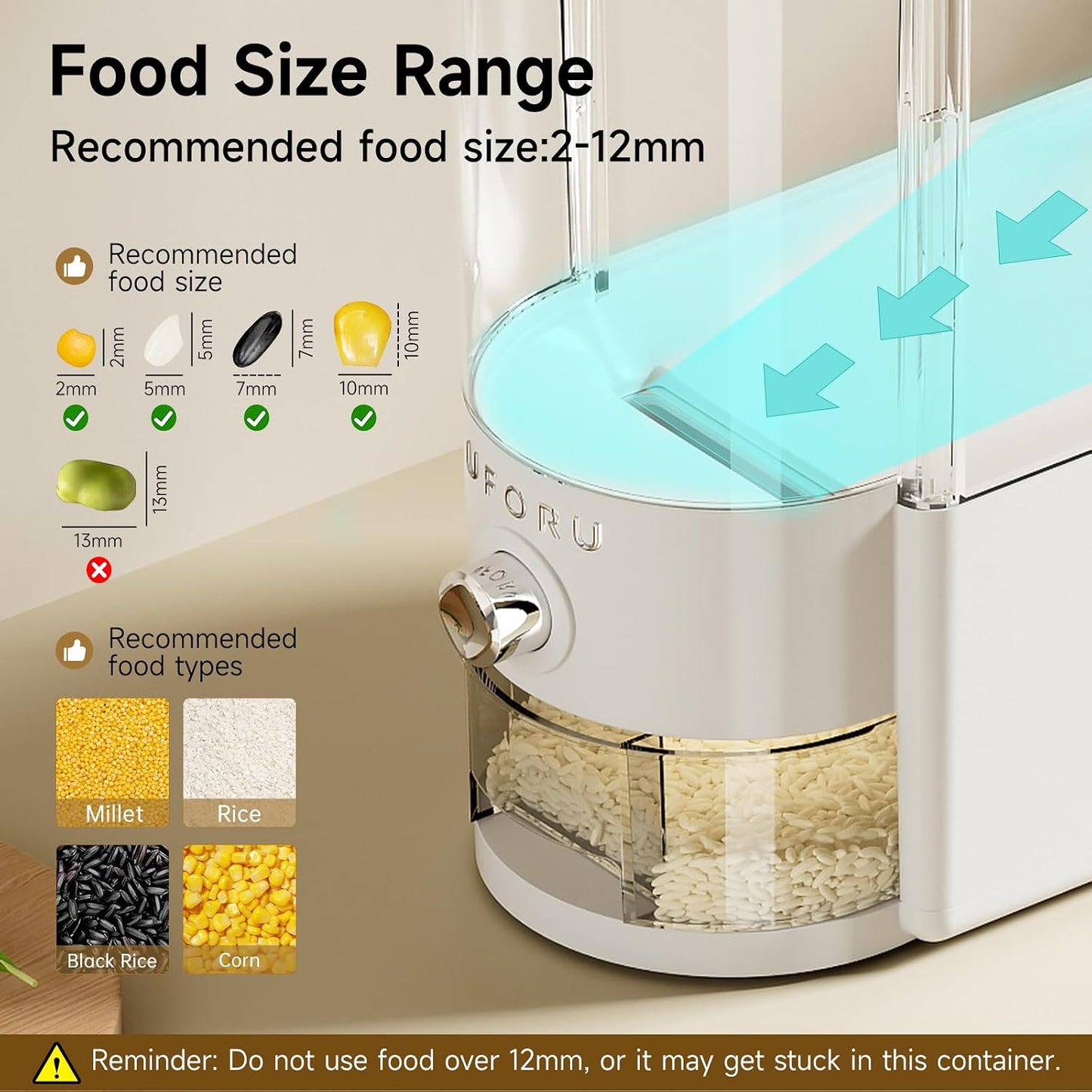 UFORU Rice Dispenser, Rice Storage Container with Measuring Cup for Kitchen Pantry Household, Dry Food Storage Containers Airtight, Sealed Moisture Proof, Cream White 11 Lbs