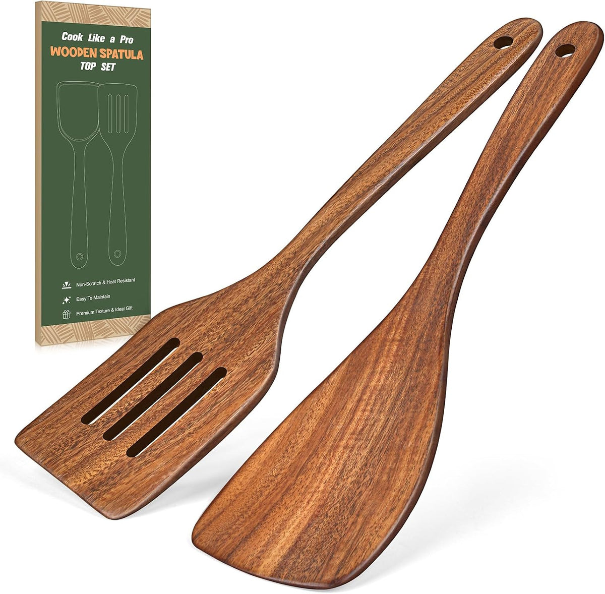 Wooden Spatula, Acacia Solid & Slotted Turner Spatula Set, Long Handle Flat Frying Spatulas, Ideal Kitchen Gift for Mother and Grandma, Kitchen Utensils Set for Cooking, Frying, Baking