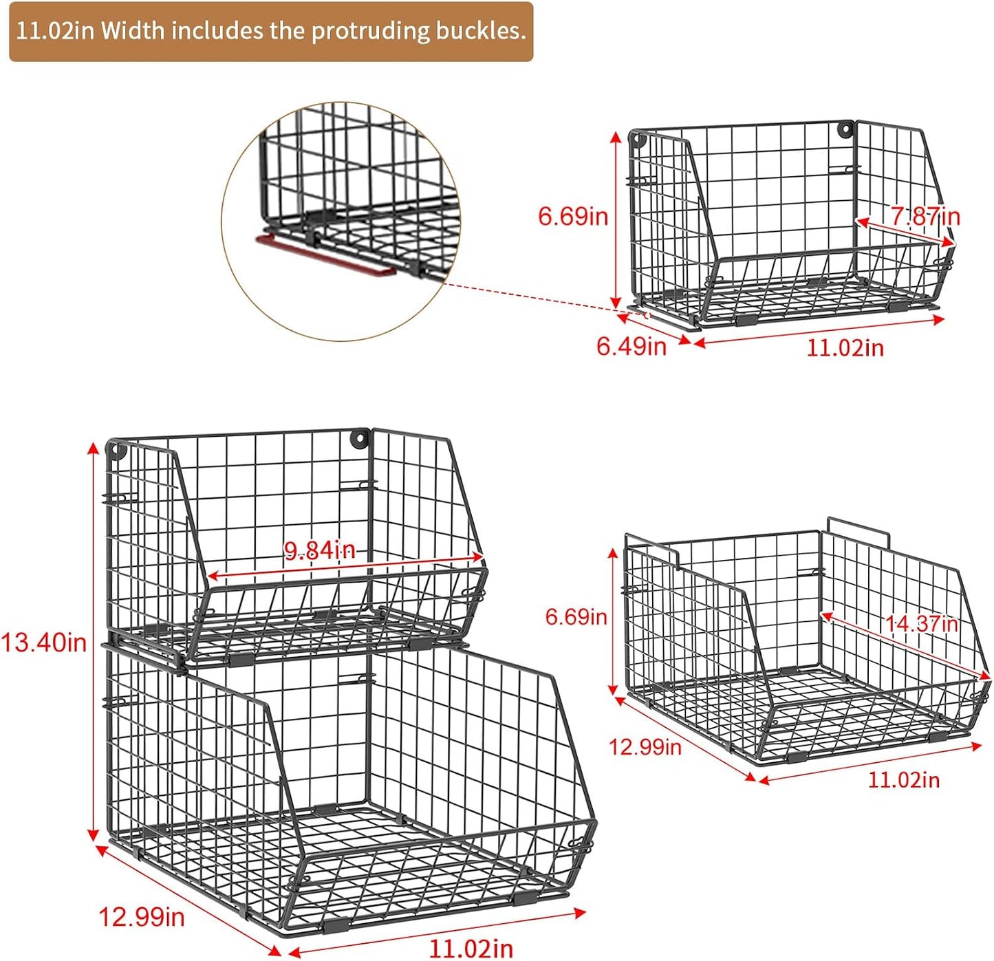 3-Tier Stackable Wire Baskets for Counter, Fruit and Vegetable Storage, Potato and Onion Storage Bin，Kitchen Pantry Organizer - Wall Basket for Produce/Snack/Can, Black